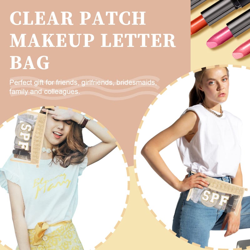 Iqimott Boho Patch SPF Bag Clear Makeup Letter Bag  Waterproof Zipper Make up Bag Toiletry Pouch for Women Girls  Clear Letter Patch Cosmetic Bag Transparent Organizer Pouch for Travel(SPF  Beige) - Image 5